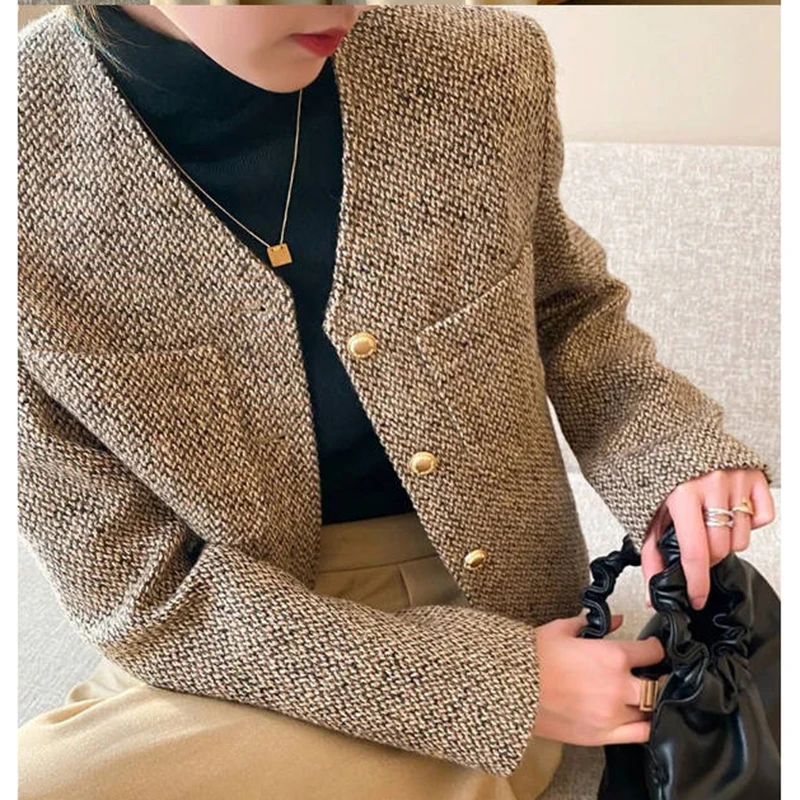 Women Elegant Coat Korean Single Breasted Jacket O Neck Retro Office Lady Simple Casual Luxury Design Suit Long Sleeve Top