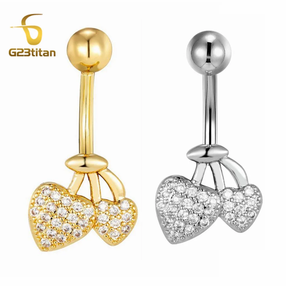 G23Titan Crystal Cherry Belly Button Rings Barbell Body Piercing Women Party Holiday Navel Decoration 6-16mm Gold Silver Color