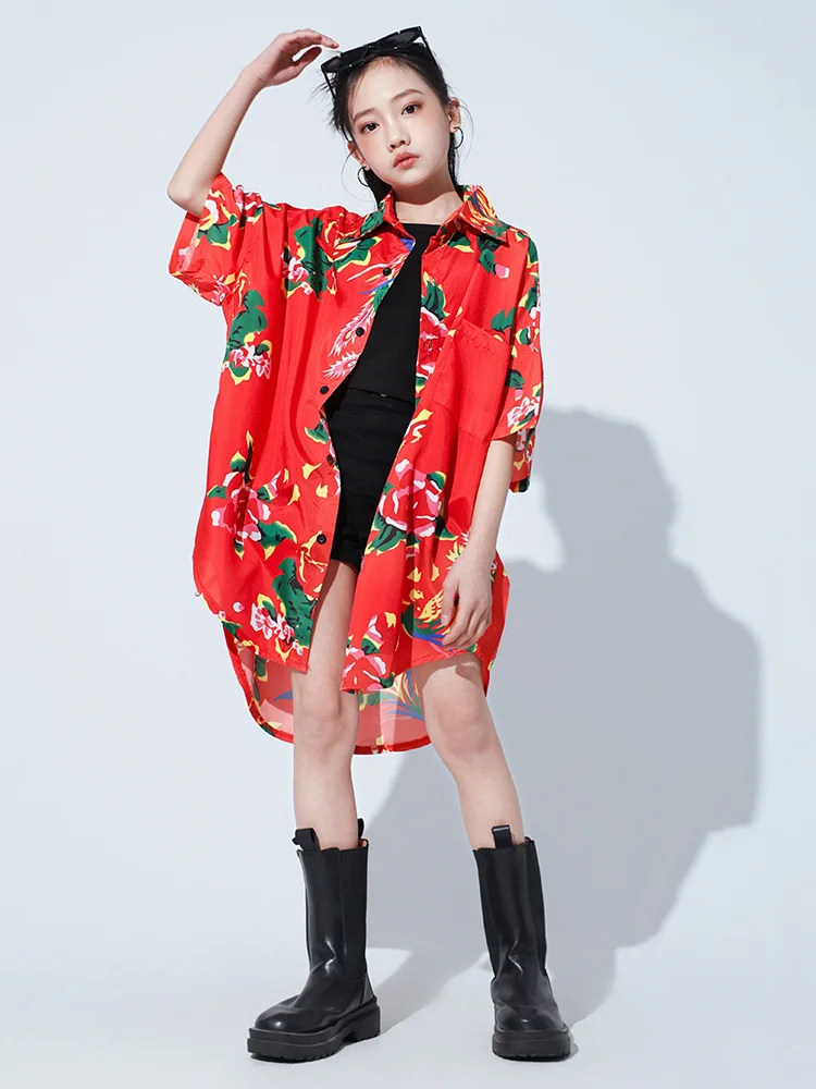 Girls Hip Hop Dance Costume Kids Jazz Street Dance Peony print Red Shirt Pants/Short for Festival Stage Boys Red Clothing
