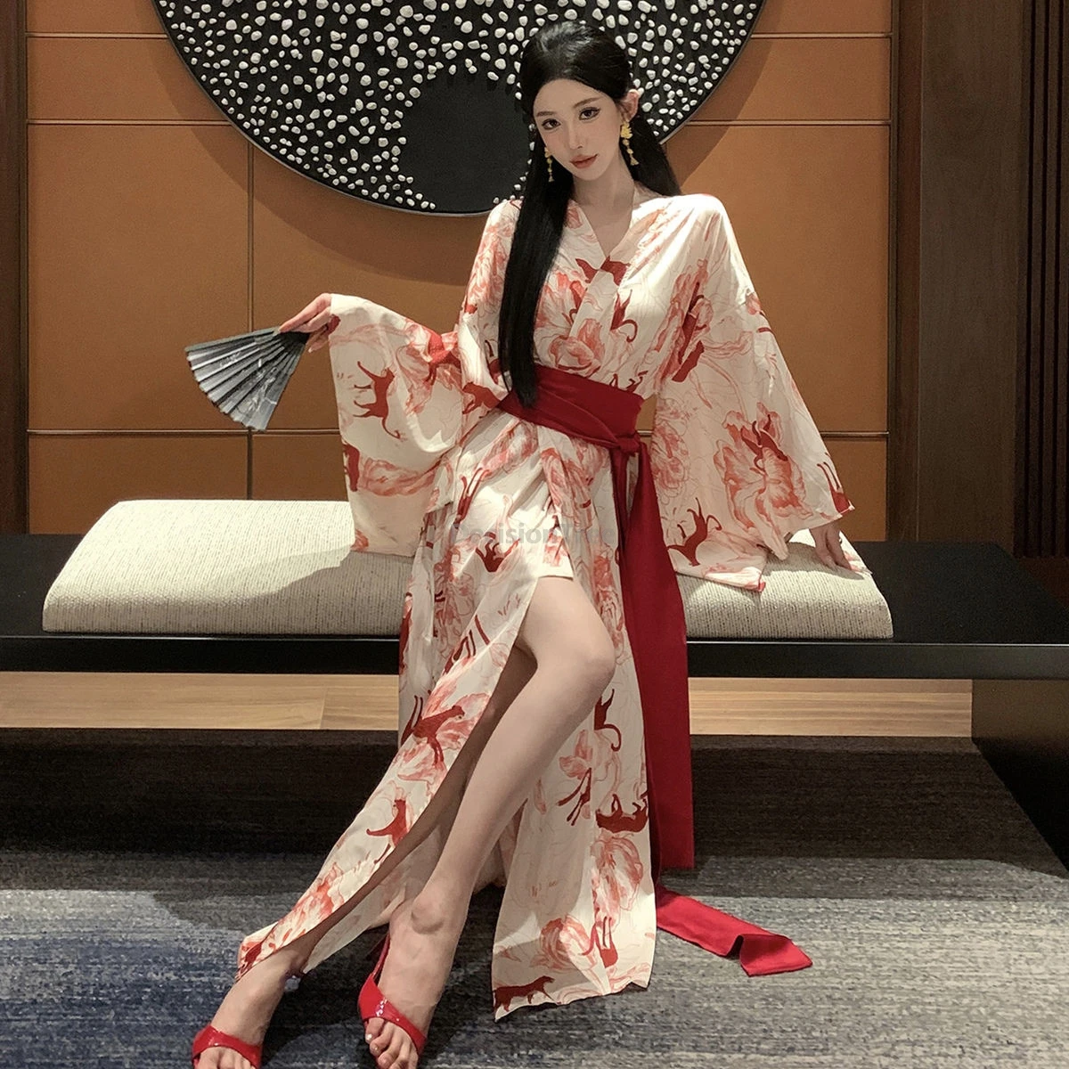 

2025 improved sexy red leopard printing slit kimono elegant temperament dainty home dress japanese style regimen club yukata