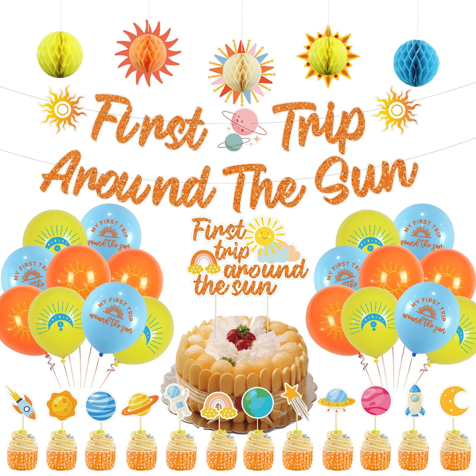 

Sunshine Space Theme Party Balloons Decorations First Trip Around The Sun Banner Cake Topper Kids 1st Birthday Party Supplies