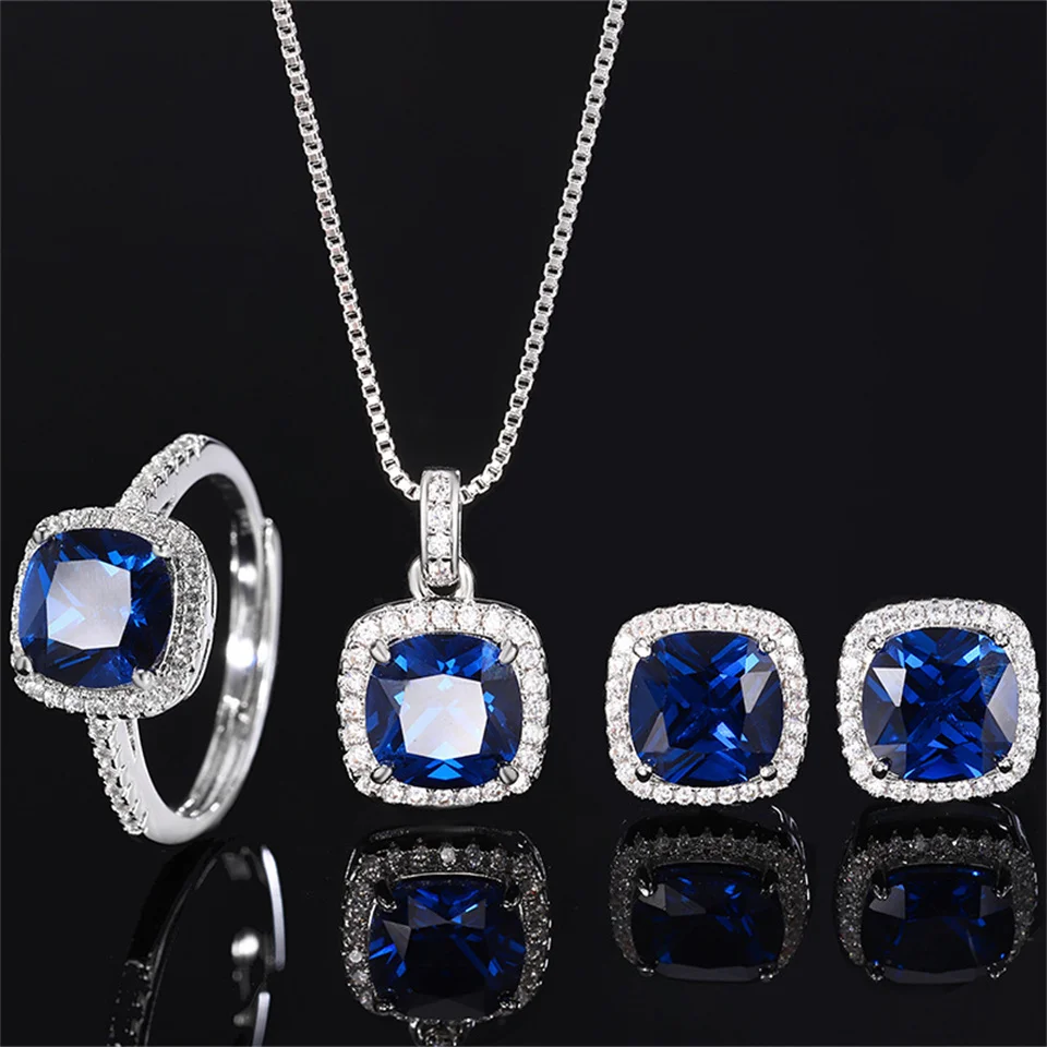 

New Blue Spinel Fat Square Ring Necklace Earring Set Jewelry Gifts Fashion Simple Diamond Stainless Steel Jewelry Set For Women