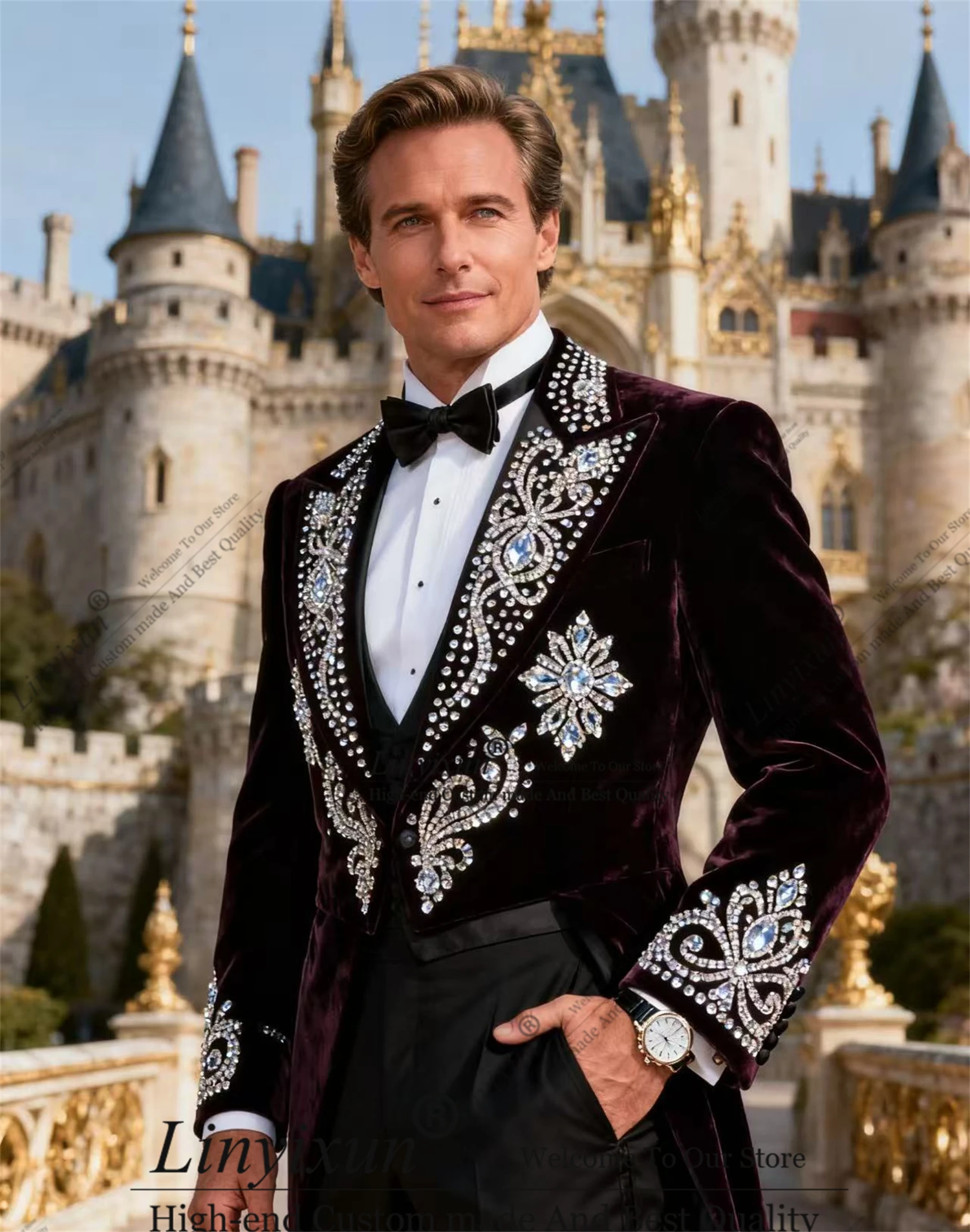 

Elegant Design Metal Embellished Men Suits 3 Pieces Male Party Prom Blazers Customized Peaked Lapel Groom Tuxedos Ropa Hombre
