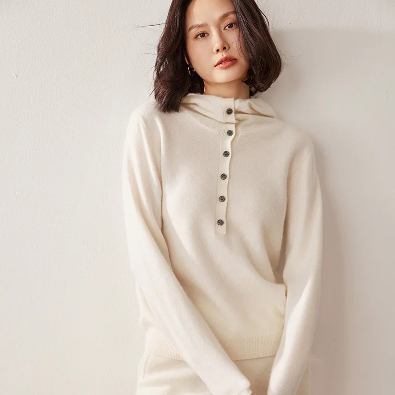 

Women's 100% cashmere sweater casual solid color knitted pullover Tops semi open collar Jumper hooded collar loose/warm Blouse