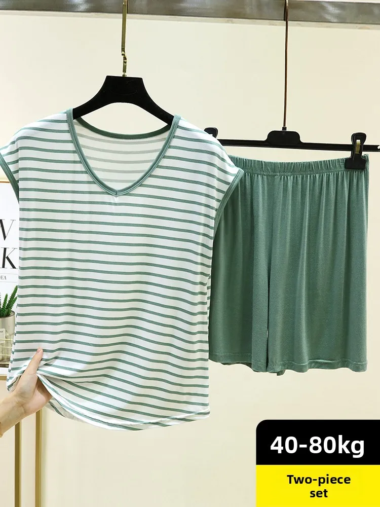 Modal V-Neck Sleeveless Home Clothes Summer Loose Cool Feeling Sleepwear Set Women's Striped T-Shirt Shorts Two-Piece Set