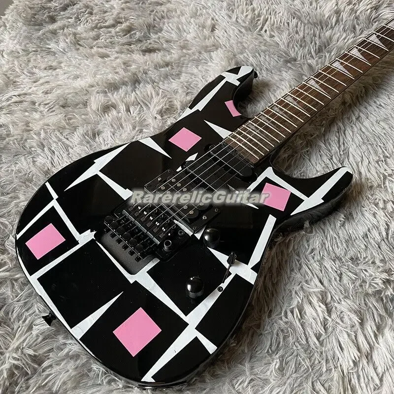 Custom Adrian Vandenberg Signature Pink White Squares Graphics Electric Guitar Floyd Rose Tremolo Bridge Black Hardware