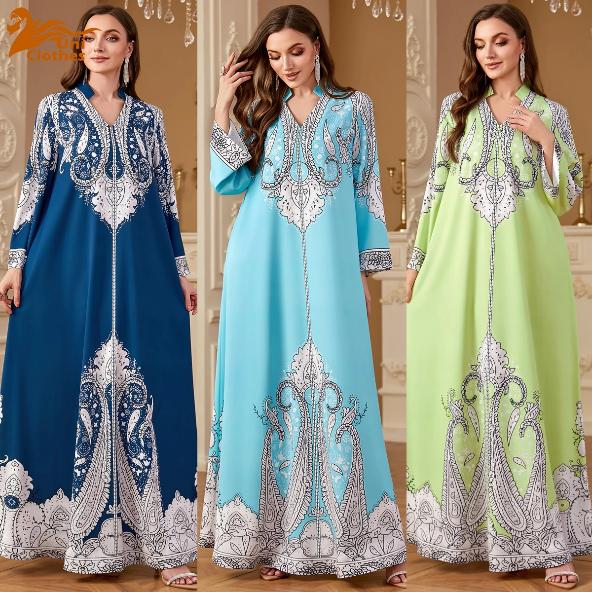 

UNI Eid Muslim Dresses Bead Abaya Dress for Women Party Dresses Print Vestidos Largos Arab Robe Ramadan Dubai Abayas Kaftan