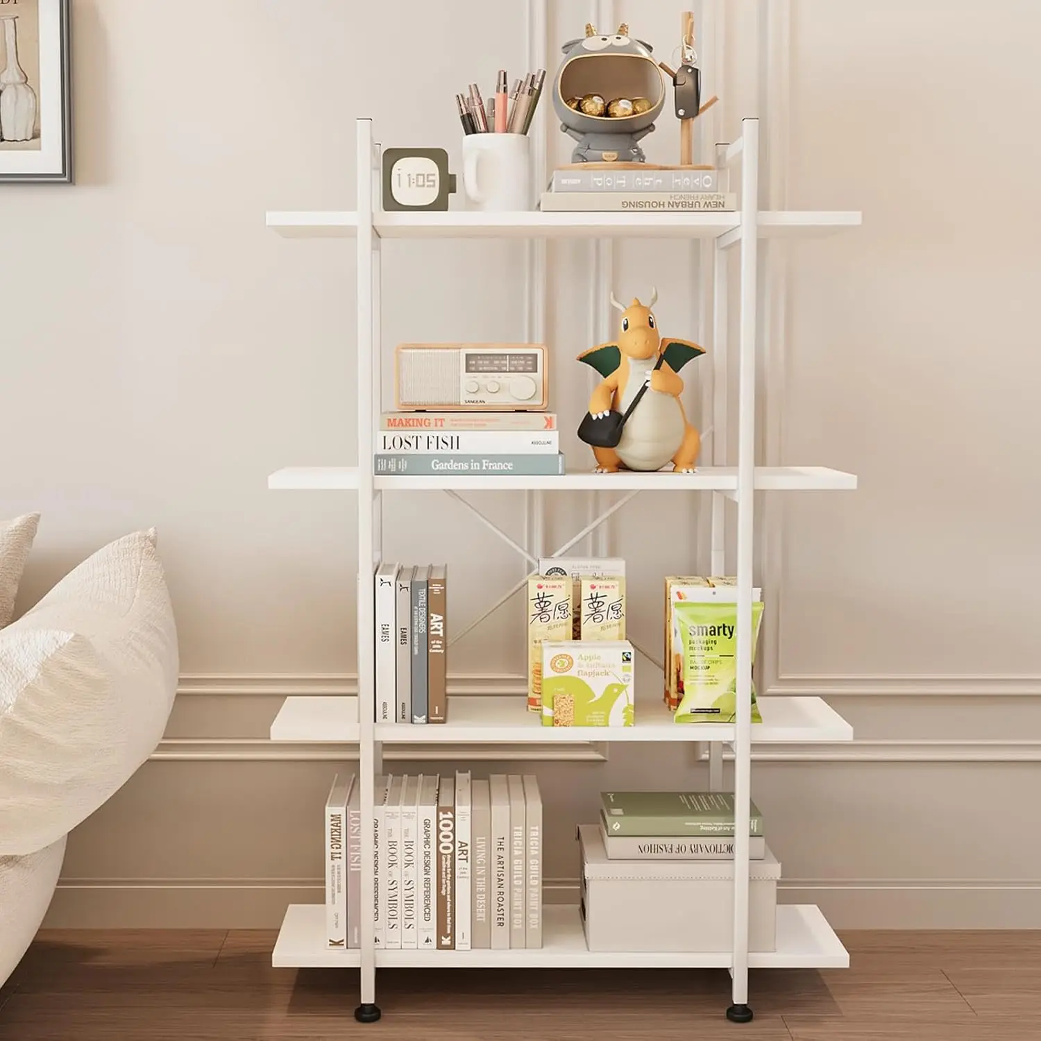 

Bookshelf 4 Tiers White Wooden Storage Shelf,Modern Open Display Storage Bookcase Book Organizer,Metal Bookshelf Standing