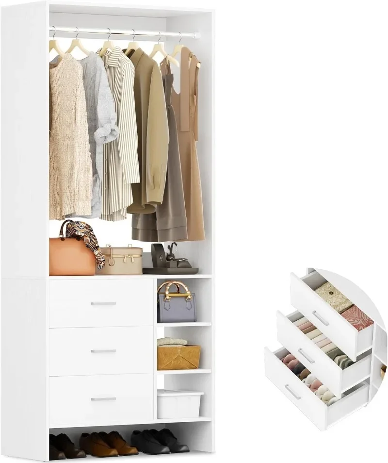 Aheaplus Closet System with 3 Drawers Organizer, Wood Closet Organizer System, Walk-in Closet or Small  Wardrobe