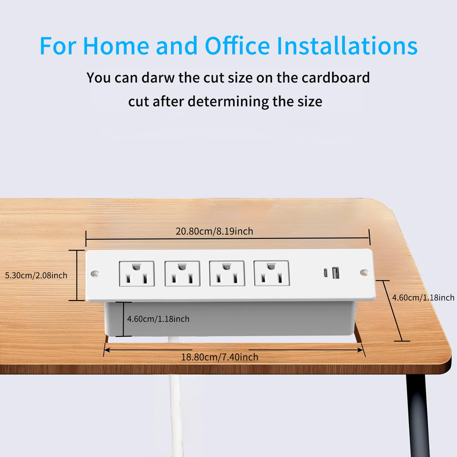 Recessed Embedded Power Strip 4 AC Outlets 1 USB-A & 1 Type-C (5V 2.1A) Charging Port Recessed Mount Socket with 1.5 meters of extension cord for Conference Table Reception Desk Commercial Workplace Indoor Use