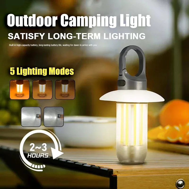 Portable Outdoor Camping Light Mini Rechargeable Flashlight with Hook 5 Lighting Modes Waterproof Camping Hanging Tent Lantern