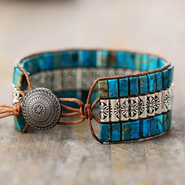 Custom Handmade Woven Beaded Bracelet Turquoise Purple Emperor Stone Antique Metal Beads Boho Wrap Jewelry Unique Gift For Women
