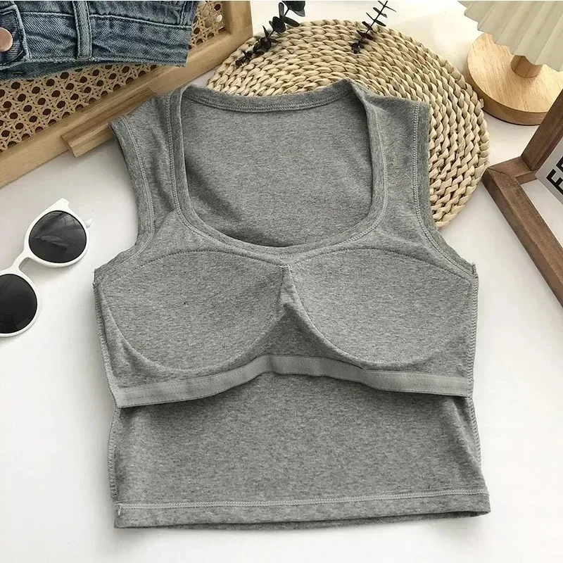 Summer Women Square Neck Sleeveless Camisole with Padding Sexy Solid Color Tank Top Low-Collar Breathable Casual Tops for Female