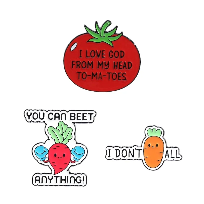 Pin de esmalte con diseño de verduras: Tomate, 'I Love God From My Head To-MA-Toes', Rábano con guantes de boxeo, 'You Can Beet Anything', Broche