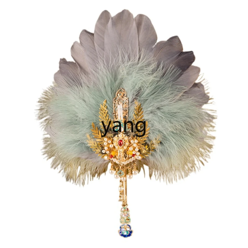 

Yjq Handmade Peacock Feather Fan New Chinese Style Morning Gowns Cheongsam with Fan Antique Props Circular Fan