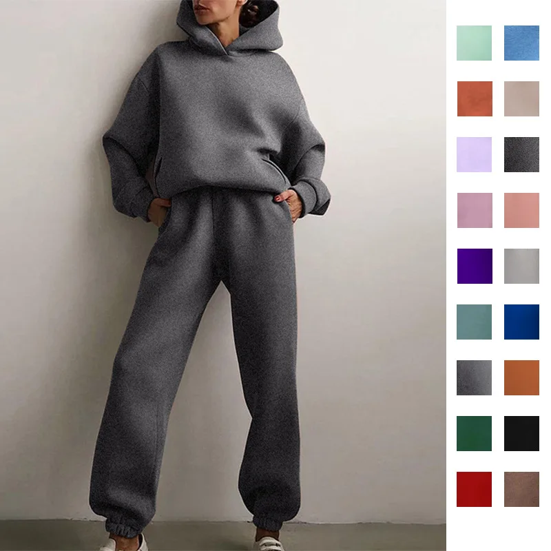 2025 Autunno Donna Vestiti Tinta unita Moda casual Pantaloni lunghi Felpa con cappuccio a maniche lunghe Nuovo set a due pezzi Tuta da donna di grandi dimensioni