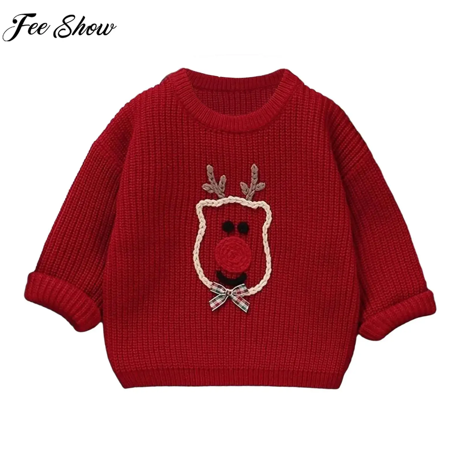 

Детский милый рождественский вязаный свитер с изображением лося для мальчиков и девочек, рождественский пуловер с длинными рукавами и вышивкой оленя, топ, повседневный свитшот