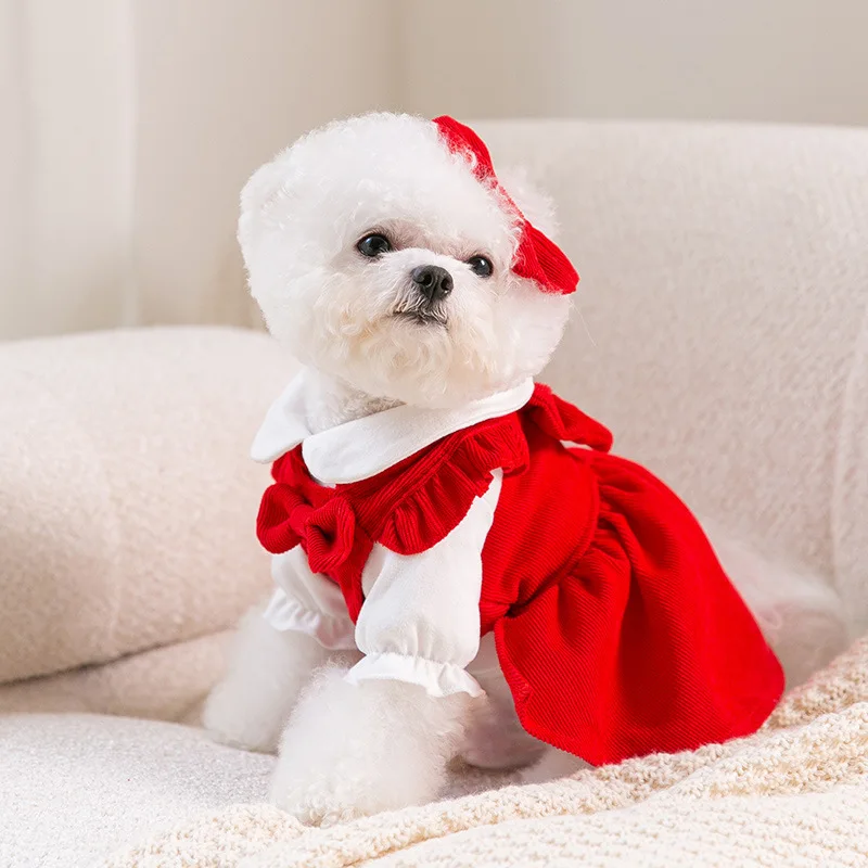 Dog Clothes Christmas Bow Pet Dress Luxury Puppy Skirt Pet Dog Costume Chihuahua Fench Bulldog Apparel Warm Dog Dress Shirt Set