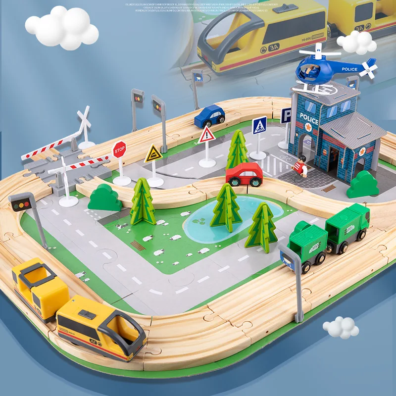 108 sztuk drewniane zabawki dla dzieci Puzzle Diy zmontowane autostrada zestaw torów kolejowych klocki konstruktor gry planszowe Montessori