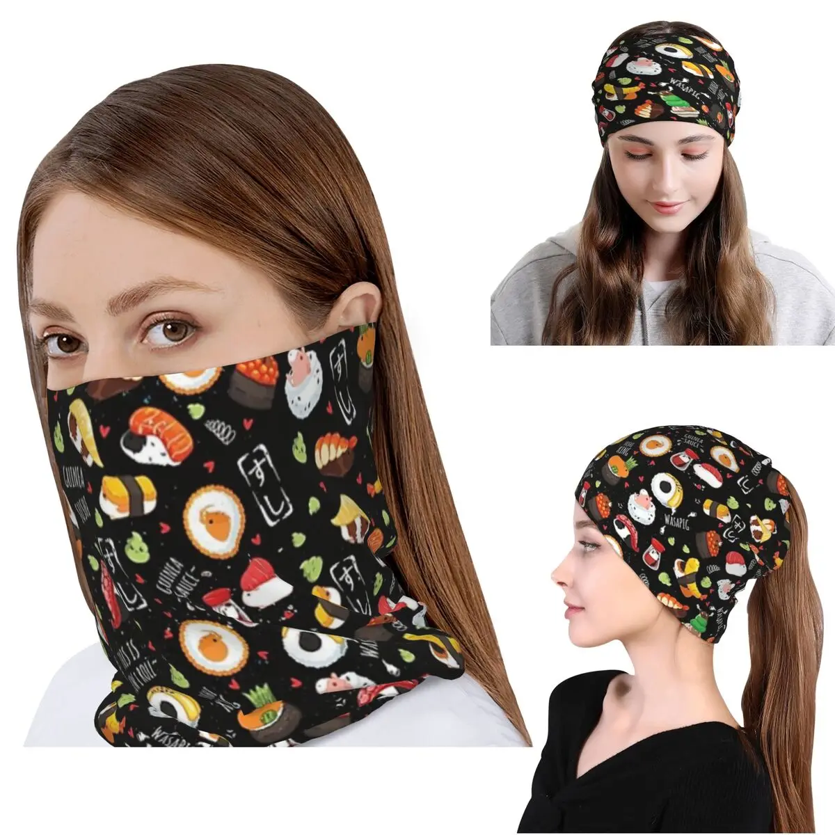 

Японские суши с морскими свинками - Волшебный шарф-бандана с черным фоном, ветрозащитный, для езды на велосипеде, шапка-бини, унисекс, для взрослых