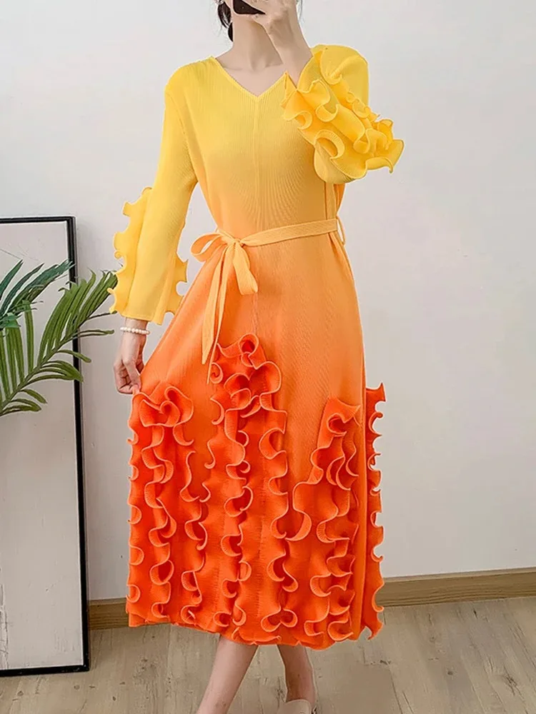 

ANLAN Belt Pleated Gradient Dress Women V-neck Long Sleeves Lace-up Gathered Waist Ruffles Dresses 2024 Summer New Party 0CAD193