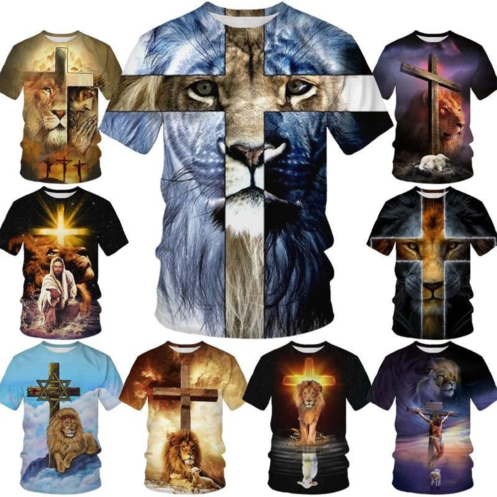 Summer fashion creative design cross lion 3D printing personalized Christian art T-shirt