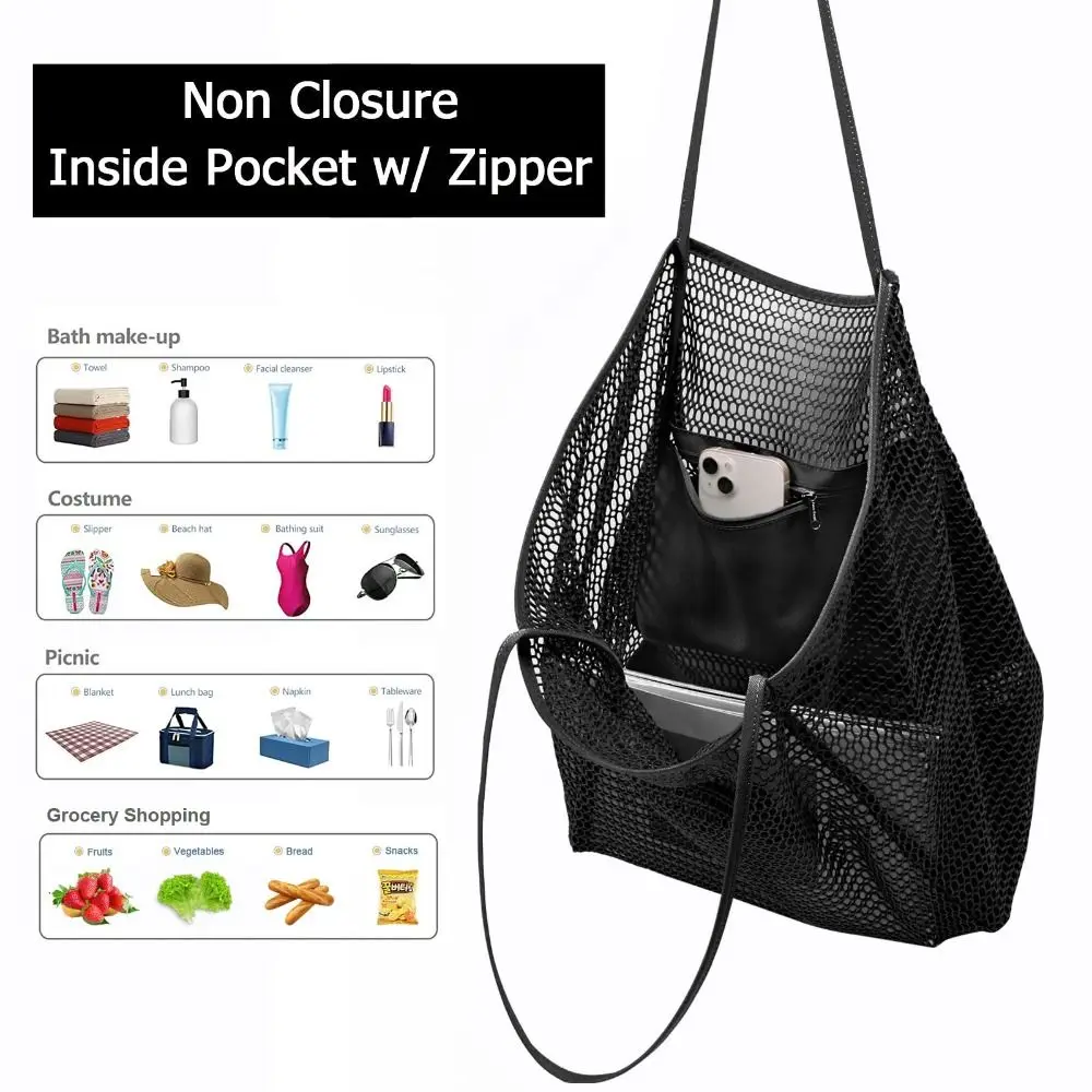 Portable Nylon Mesh Tote Bag Black Khaki Pink Large Capacity Shoulder Bags Lightweight Beach Handbags for Summer