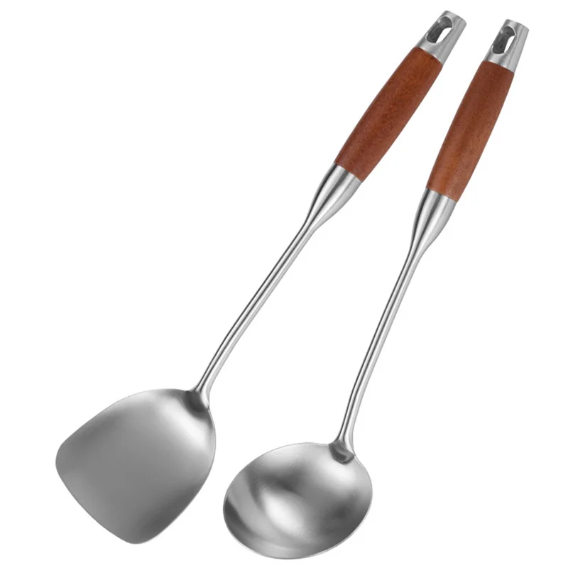 Stainless Steel Spatula for Carbon Steel, Stainless Steel Wok Spatula Metal, Wok Tools Set, Wooden Handle Soup Ladle