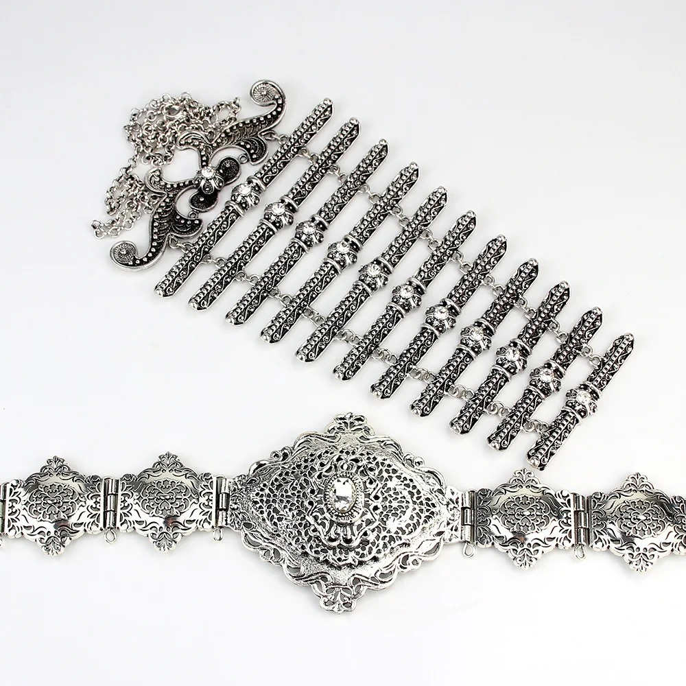 Sunspicems Retro Silver Color Turkish Caucasus Belt Breastplate Wedding Jewelry Set For Women Arabic Robe Caftan Bijoux