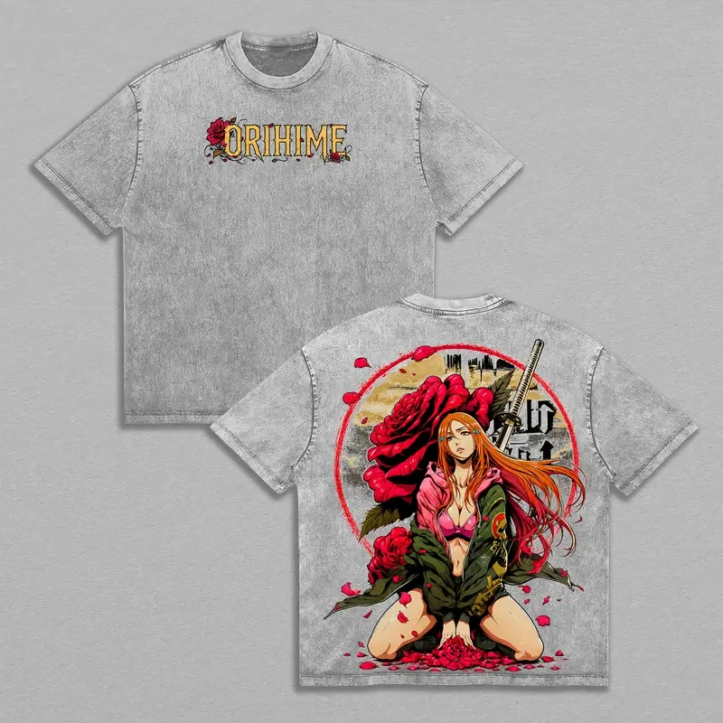 Inoue Orihime Manga BLEACH Tee Men Women Washed Oversized T-shirts Manga Vintage T Shirt Harajuku Short Sleeve Cotton Tshirt
