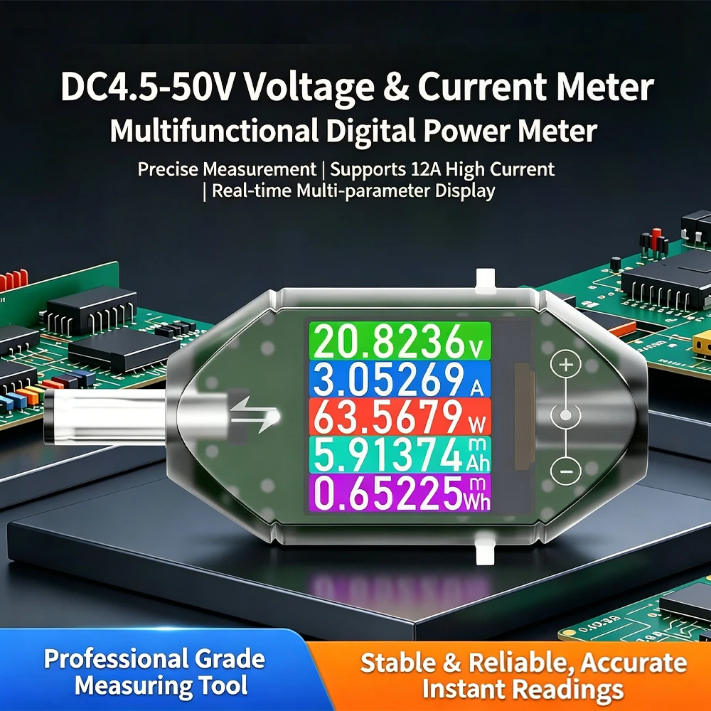 DC 5.5*2.5 Power Meter Tester 0-6A Peak 12A 600W 360° Rotatable Screen Measure Voltage Current mAh Wh Temp Peak Data Compatible