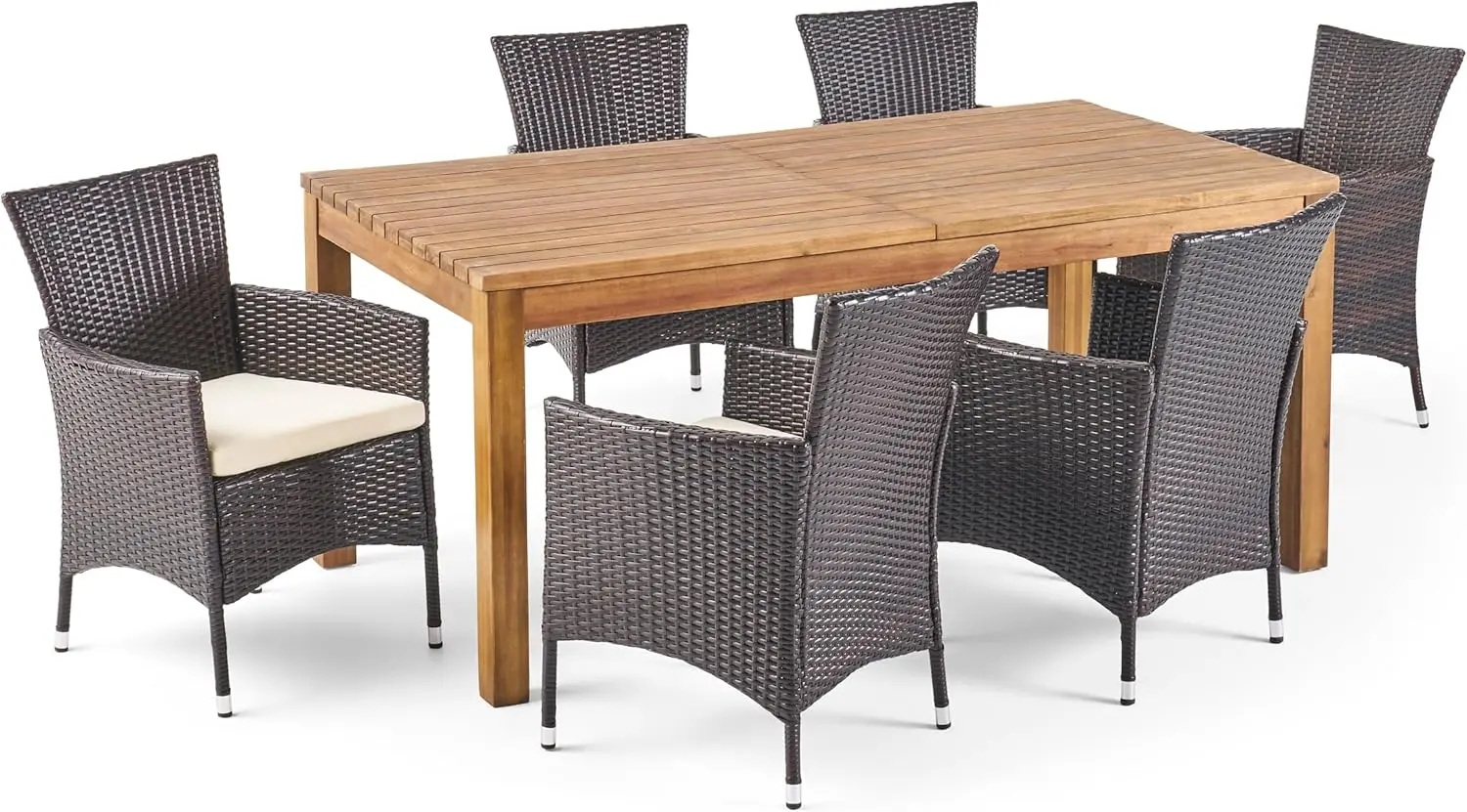 Oslo Outdoor 7 Piece Wicker Set with Acacia Wood Expandable Dining Table and Water Resistant Cushions