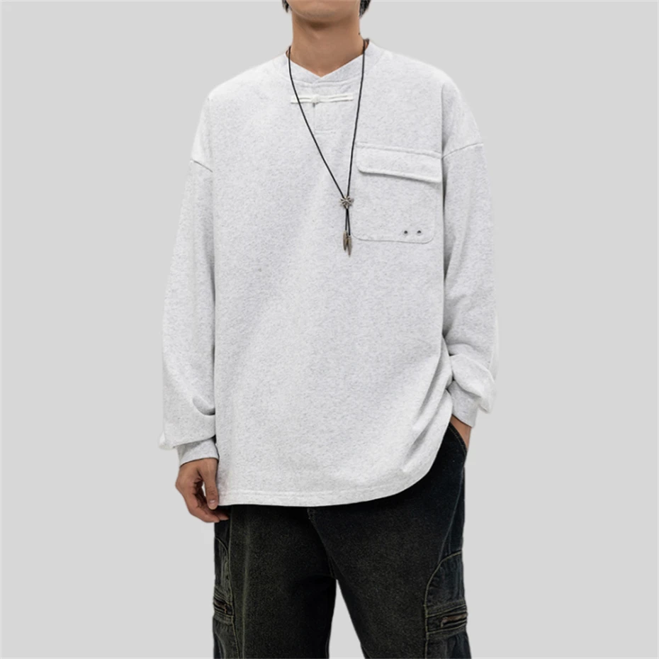 Oversized Casual Hoodie Sweatshirt Men Y2K Hip Hop Streetwear Pullover Men Retro Chinese Style Pocket Design Black Sweatshirts