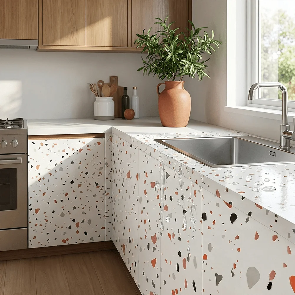Terrazzo Pattern Self Adhesive Wallpaper Foil Material, Easy to Install Stain Resistant for Kitchen Walls Cabinets Desks
