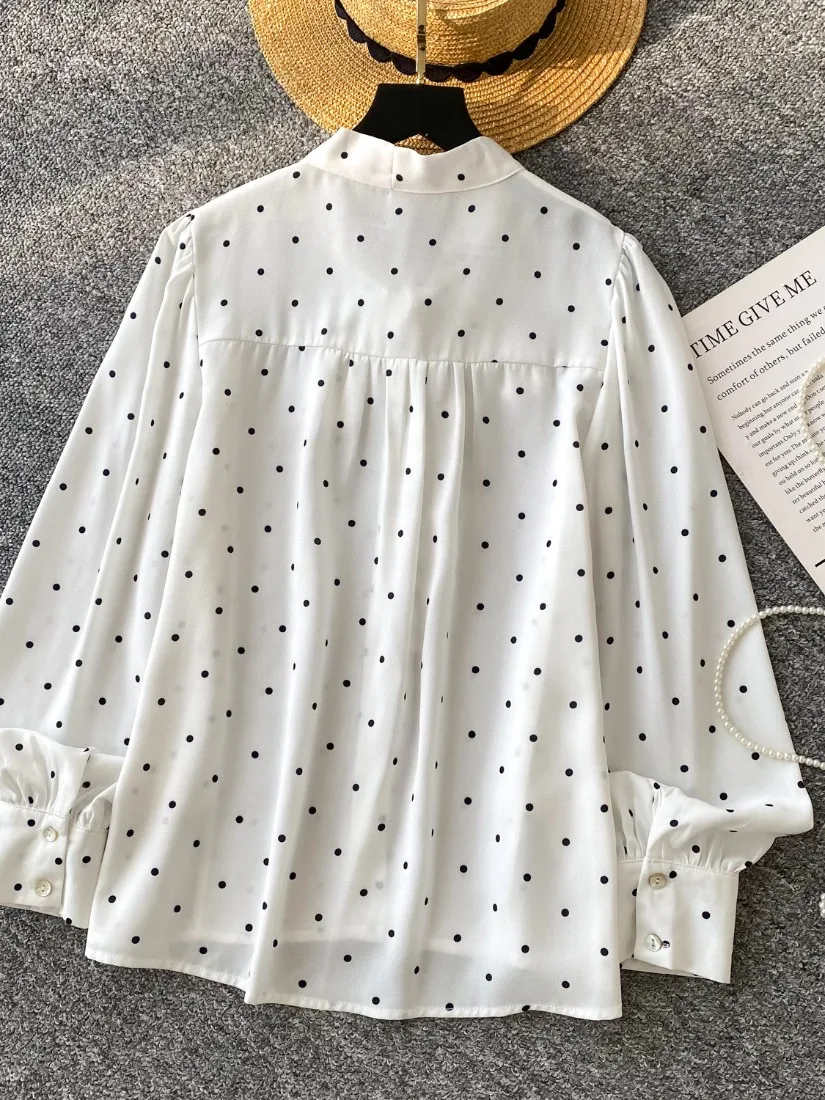 Foamlina Polka Dot Print Shirt Women Vintage Bow-tied Collar Lantern Sleeve Single Breasted Loose Shirt Female Casual Blouse Top