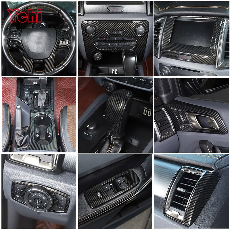 ABS Carbon Fiber For Ford Ranger Wildtrak 2015-2021 Car Center Control Shift Panel Steering Wheel Glass Lift Frame Sticker