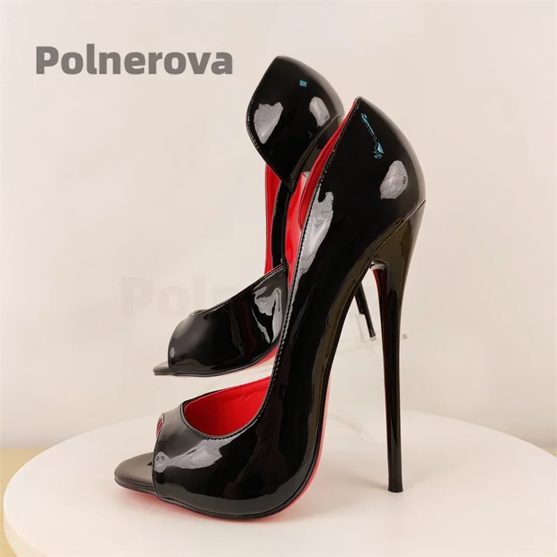 

16Cm Black Peep Toe Sandals Women Sexy Patent Leather Super High Heels Pump Slip On Solid Color Party Dress Shoes Customize
