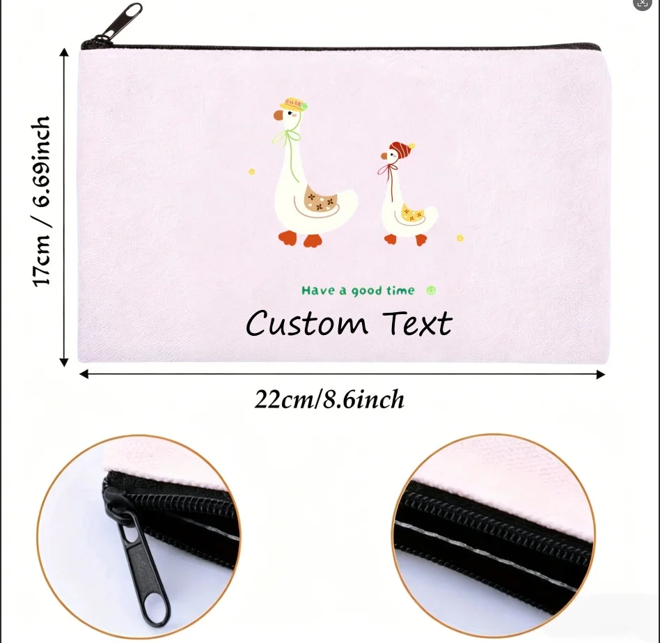 1PC Custom Text Two Cute Hat‑Wearing Goose Have A Good Time Canvas Cosmetic Pouch Zipper Makeup Storage Bag