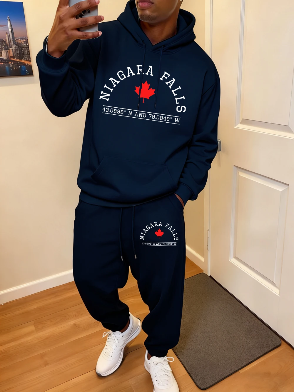 2 قطعة هوديس مجموعة رجالي شلالات نياجرا كندا رسالة يطبع Sweatpants الشتاء فضفاض الصوف الركض وتتسابق ملابس رياضية جيب