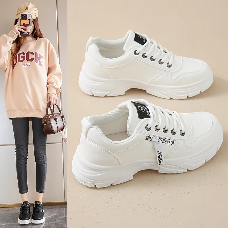 

Women's Round Toe Lace Up PU Chunky Platform Sneakers 5CM Heel Comfortable Heel Wear Resistant Outsole Multi Color Casual Shoes