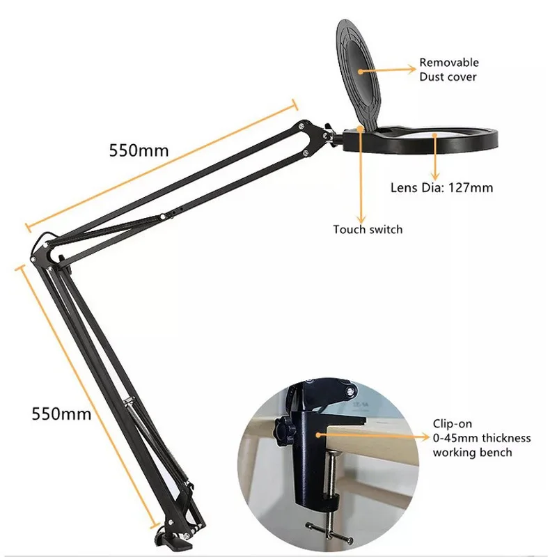 LED Magnifying Lamp 3X 5X 8X 10X 20X with Clamp Adjustable Swivel Arm Magnifier Desk lamp for Reading,Craft, Hobby,Close Work