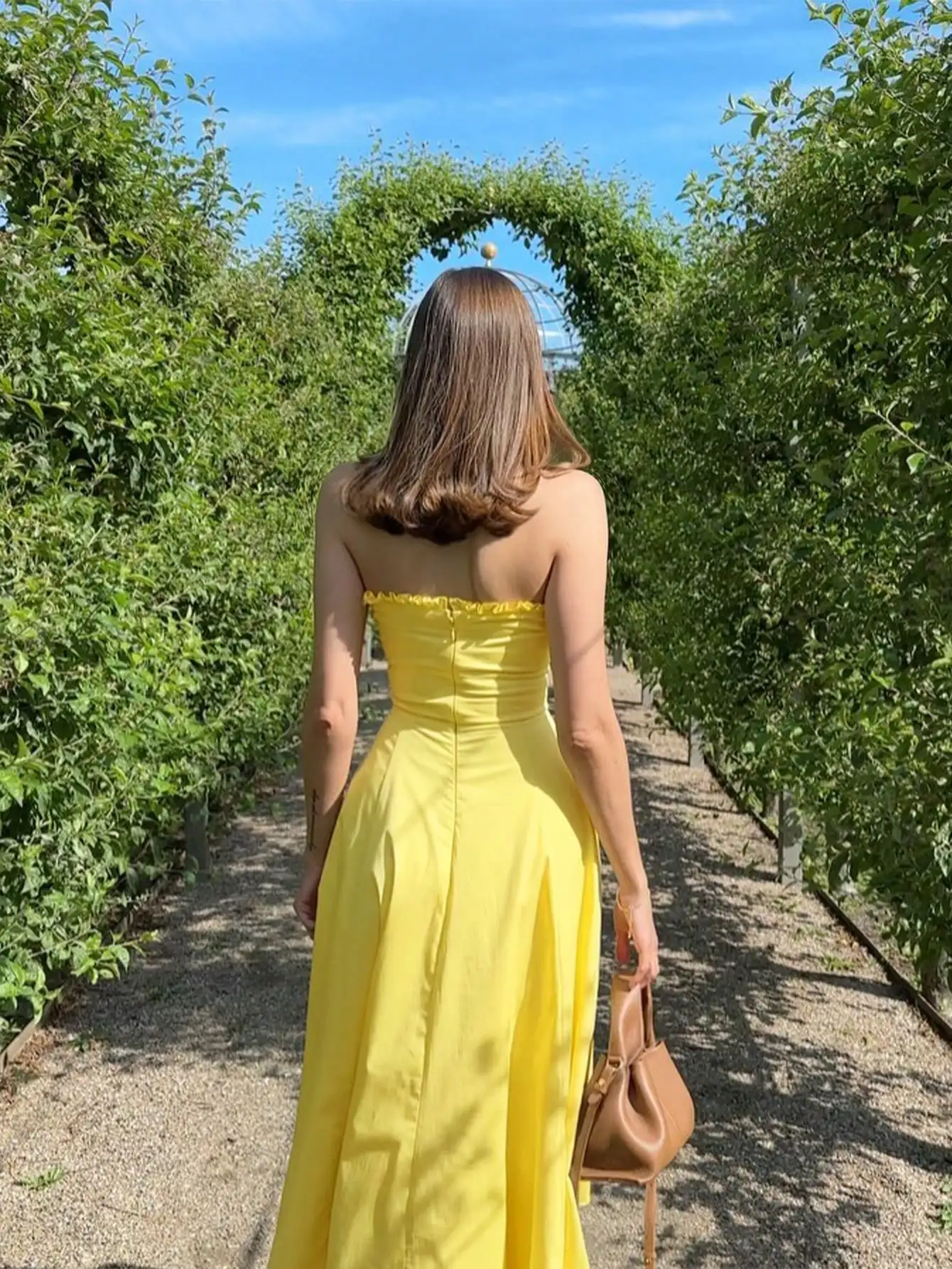 Women's Boho Butter Yellow Vacation Sexy Solid Yellow Ruffle Hem Strapless Dress Zip Back Dress For Easy Wear