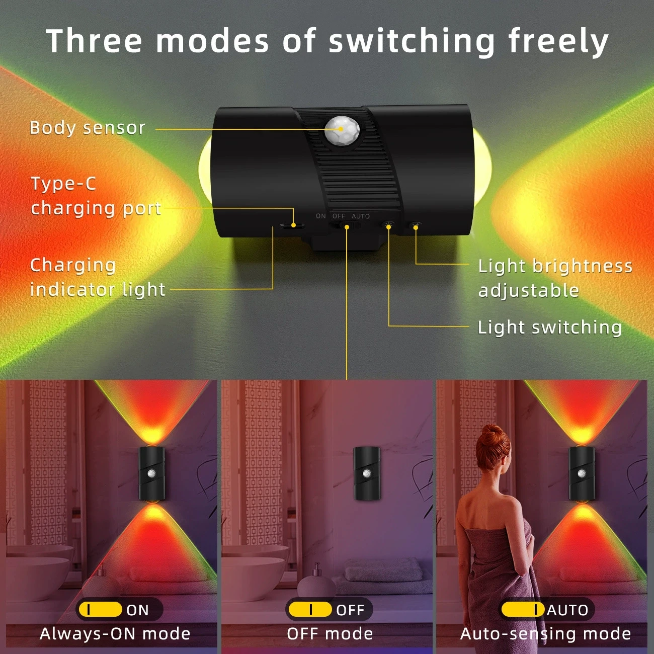 ضوء ليلي ذكي بمستشعر حركة بشري RGB، مصباح حائط مغناطيسي قابل لإعادة الشحن عبر USB ملون متدرج لغرفة النوم والممر #3