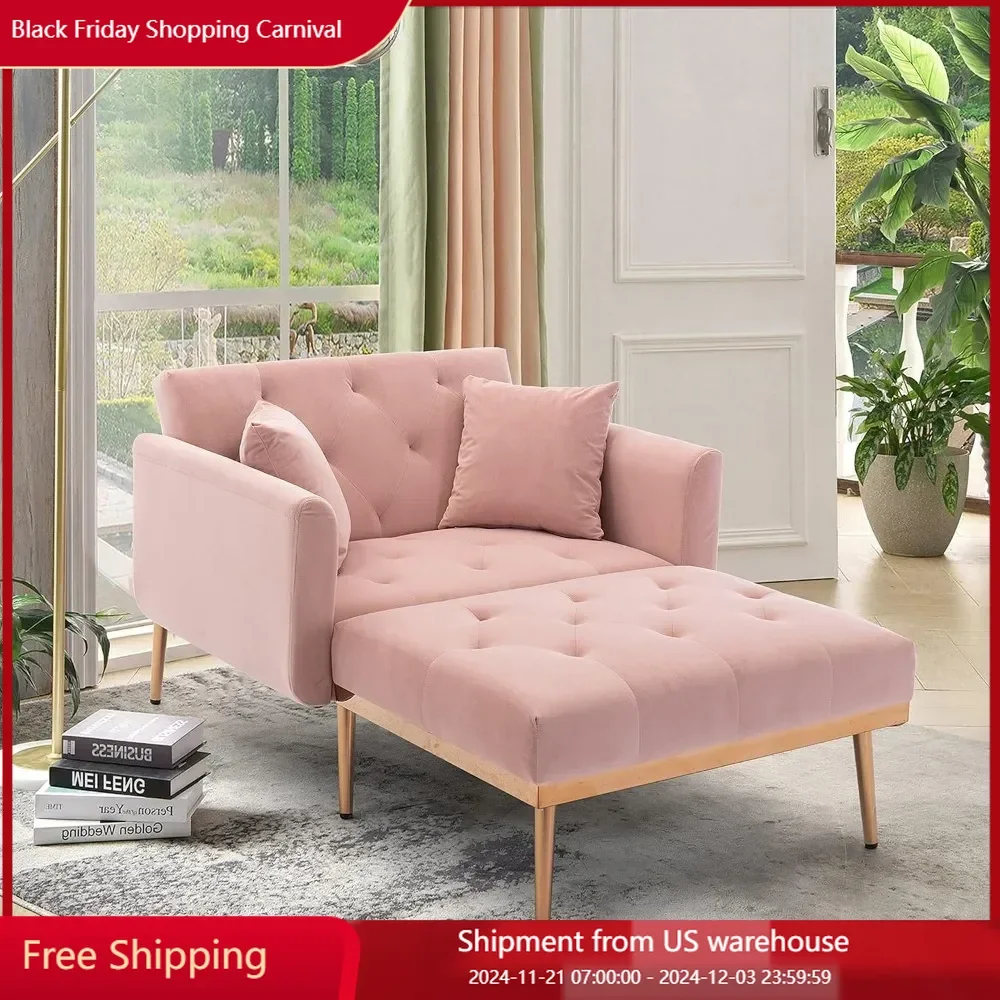 Adjustable Backrest Chaise Lounge Velvet Sofa Bed with Thick Padded, Convertible Reclining Chair with Rose Golden Metal Legs