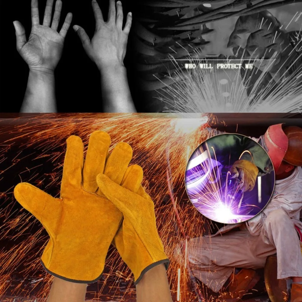 A Pair Fireproof Durable Yellow Cow Leather Welder Gloves Anti-Heat Work Safety Gloves For Welding Metal Hand Tools Dropshipping