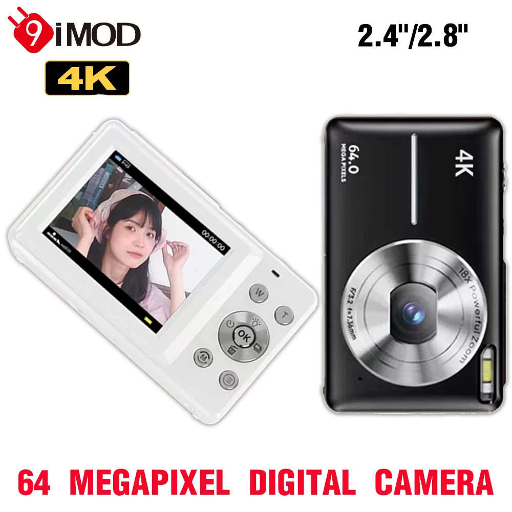 

Цифровая камера 9IMOD 4K, 2,4 дюйма/2,8 дюйма, 64 мегапикселя, 18-кратный зум, 1080P, HD-видеозапись с SD-картой 32 ГБ, Videore Corder In One Camera
