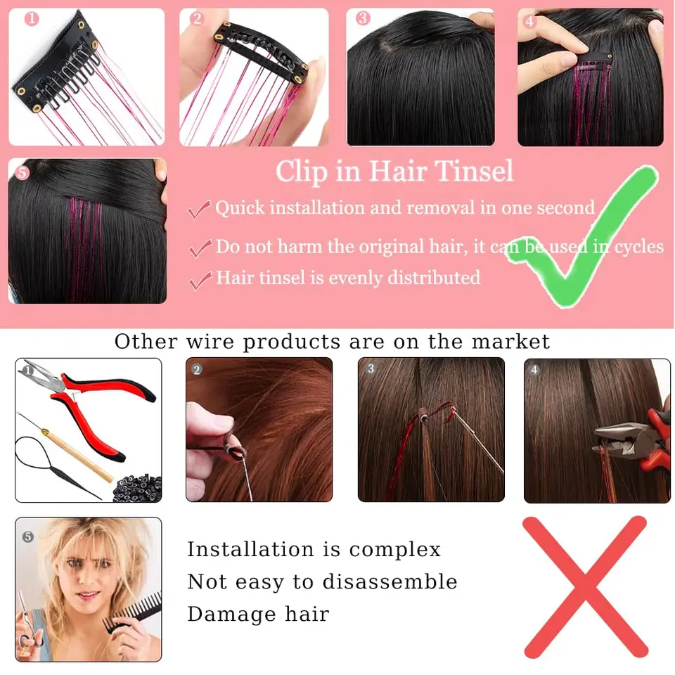 6 Piezas 50cm Brillante Tinsel para Cabello Extensiones Tinsel Sintético Clip Extensiones para Mujeres para Trenzas Tocados 4