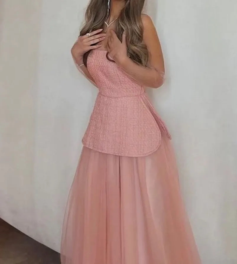 Sapmae Off-the-shoulder Tulle A-line Floor-length Zipper Up Pink Simple Elegant Prom Formal Evenning Party Dress For Women