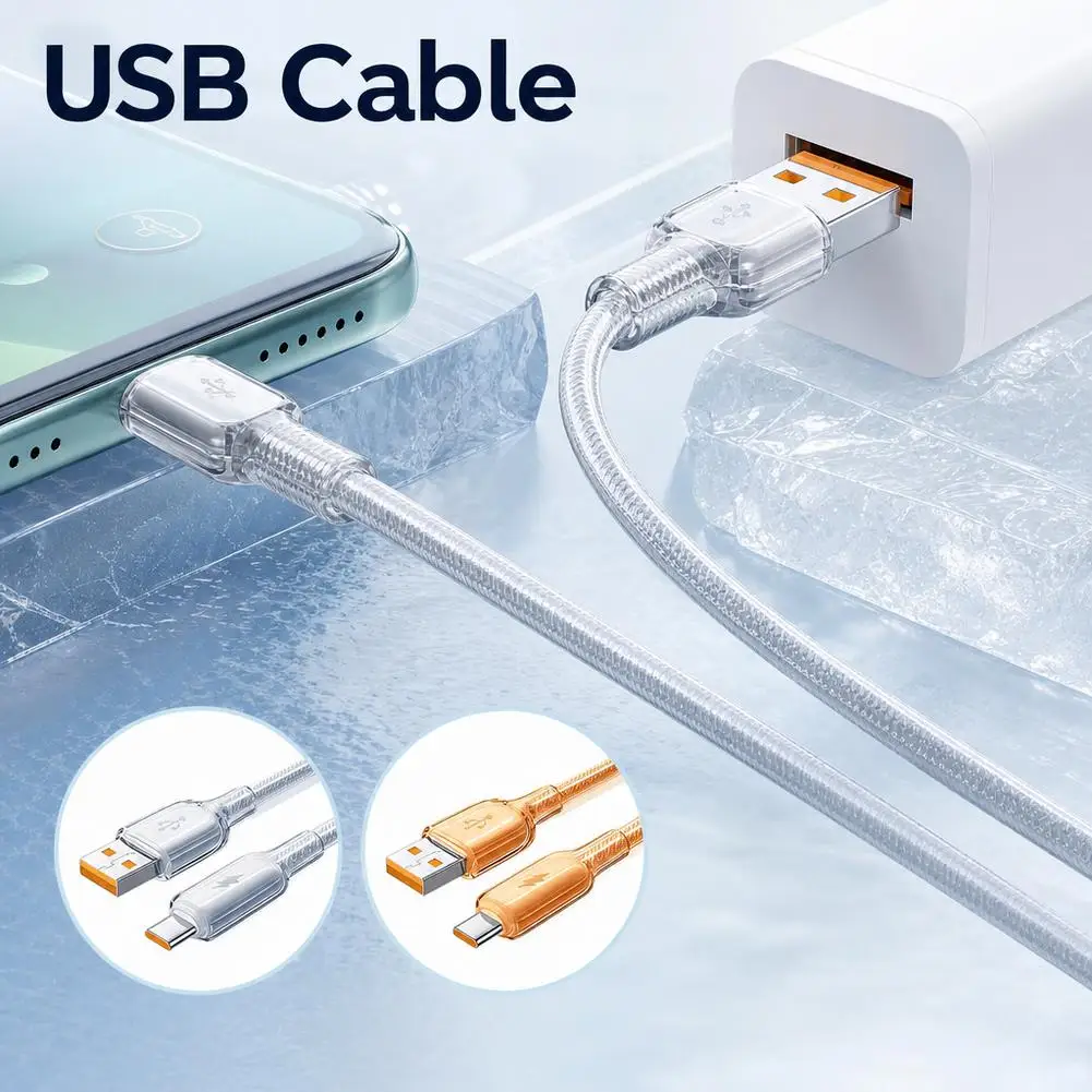 120W 6A Ice Feeling USB A To Type C Fast Charging Cable Transparent Nylon Braided Cord Resistant Phone Charger Wire