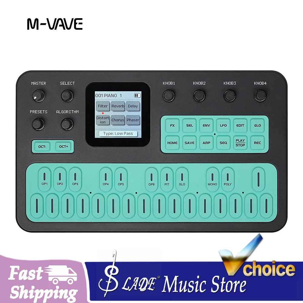 M-VAVE FM-1 Gitarren-Effektpedal Mini FM1 Grüner Synthesizer – 27 Tasten 3-Kanal-MIDI 12-Stunden-Akku TFT-Display Dauerfunktion